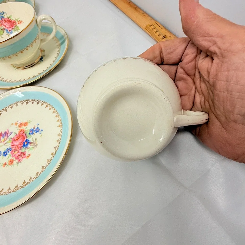 Homer Laughlin Eggshell Georgian Tea Cups and Saucers Floral Blue Gold